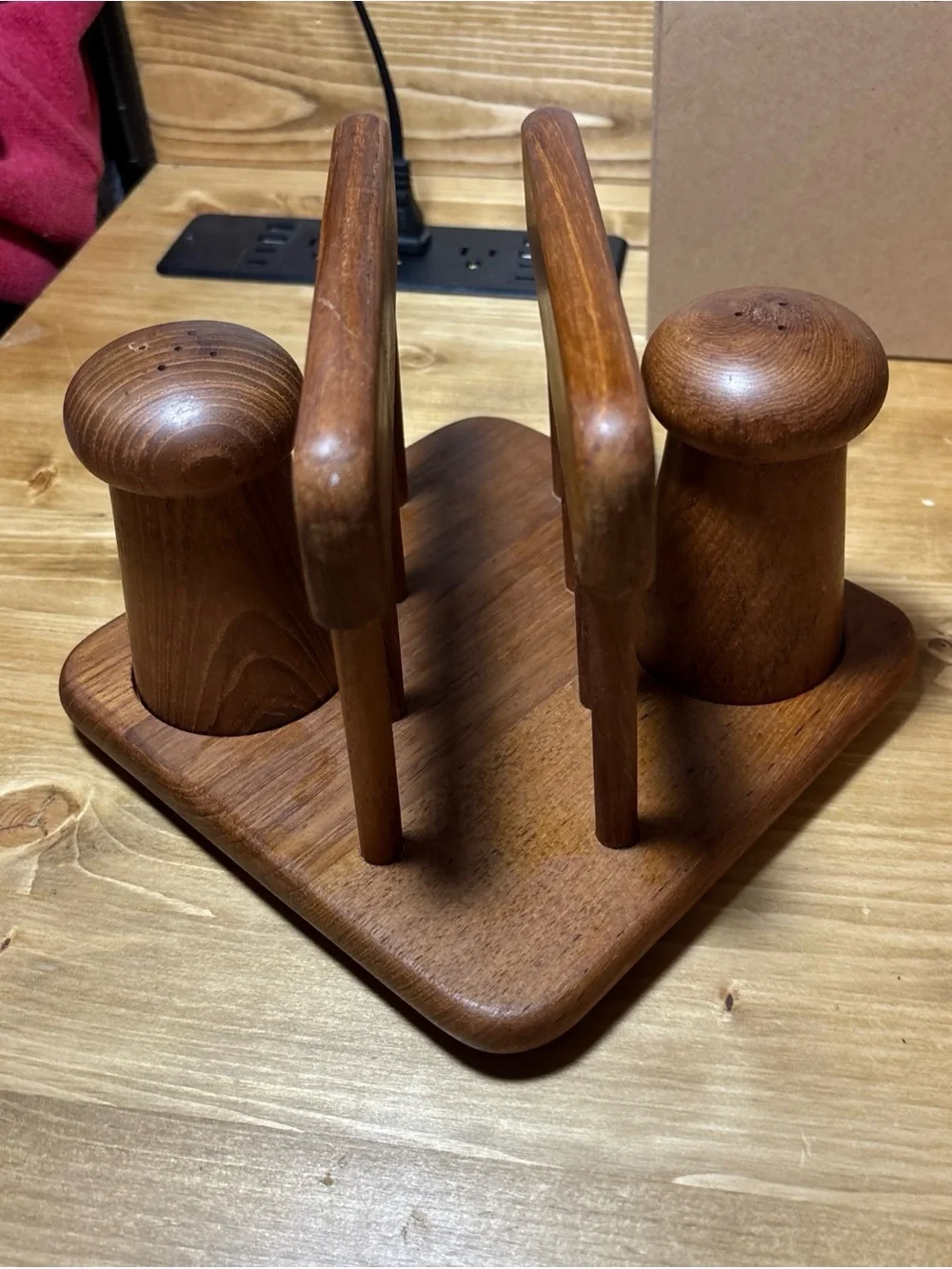 Vintage Teak Napkin Holder with Salt Shaker & Pepper Mill